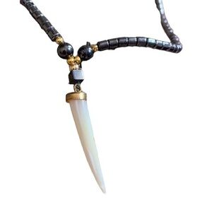 Gunmetal Black Hemitite Beaded Tooth Necklace Unisex Mens Womans Fashion Jewelry